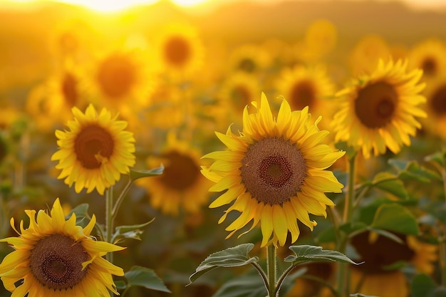 Field Of Sunflowers Swaying In The Breeze