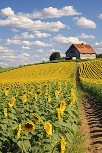 a field of sunflowers with a barn in the background