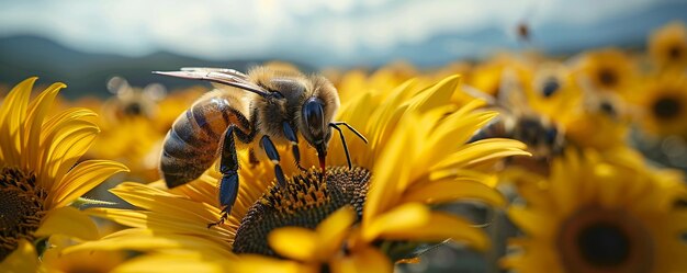 Foto un campo di girasoli con api che raccolgono carta da parati al nettare