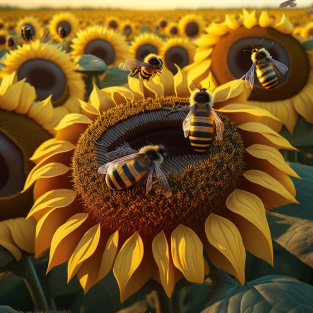 A field of sunflowers with bees on them