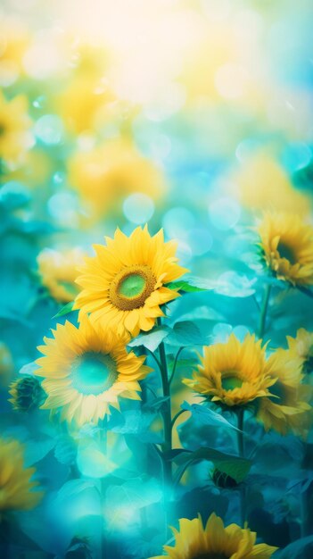 A field of sunflowers with a blue sky in the background