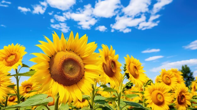 A field of sunflowers with a blue sky in the background