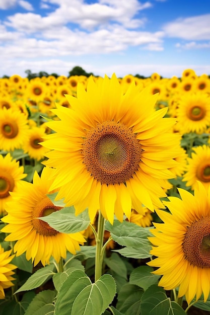 A field of sunflowers with a blue sky and clouds in the background