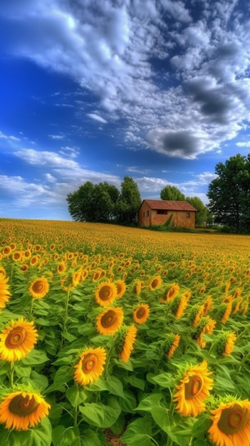 A field of sunflowers with a blue sky and clouds