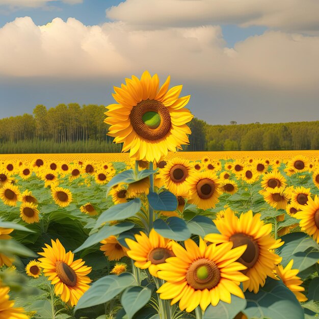 A field of sunflowers with a cloudy sky in the background.