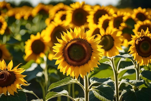 A field of sunflowers with a green center