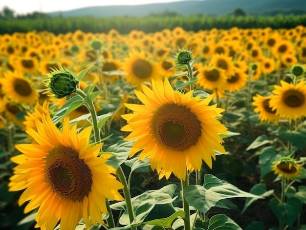 A field of sunflowers with a green stem