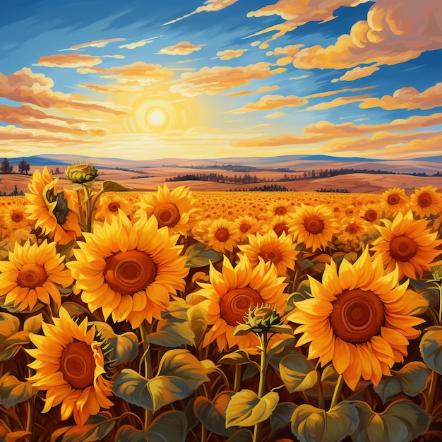 a field of sunflowers with a man standing in the foreground.