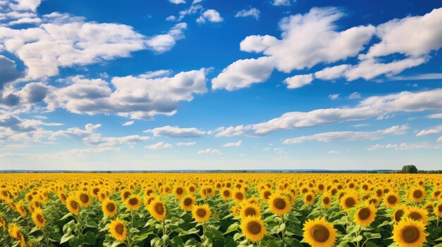 a field of sunflowers with the sky and clouds in the background