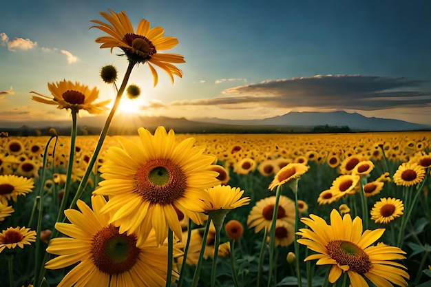 A field of sunflowers with the sun behind it