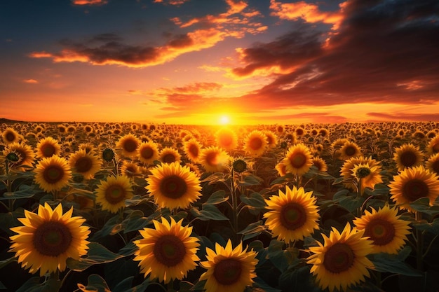 a field of sunflowers with the sun setting behind them.