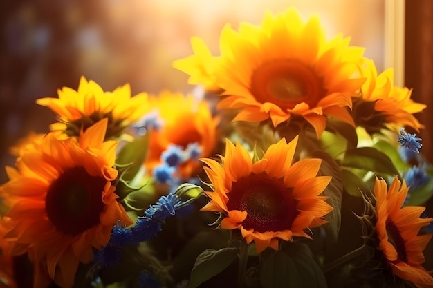 A field of sunflowers with the sun shining on the left side