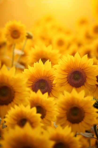 a field of sunflowers with the sun shining on the petals.