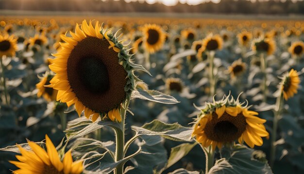 Photo a field of sunflowers with the sun shining on them