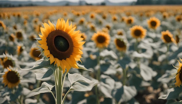 a field of sunflowers with the sun shining on the top