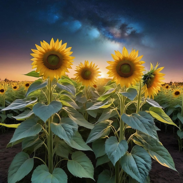 a field of sunflowers with the sun behind them