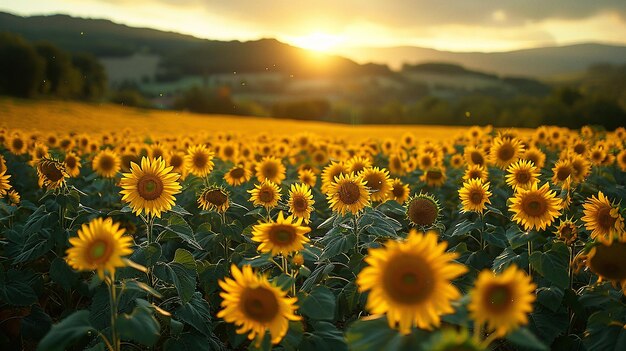 a field of sunflowers with the sun behind them