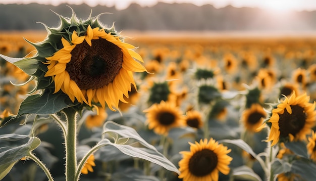 Photo a field of sunflowers with the sun behind them