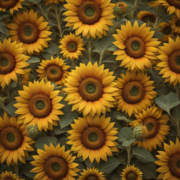 a field of sunflowers with the sunflowers on the top.