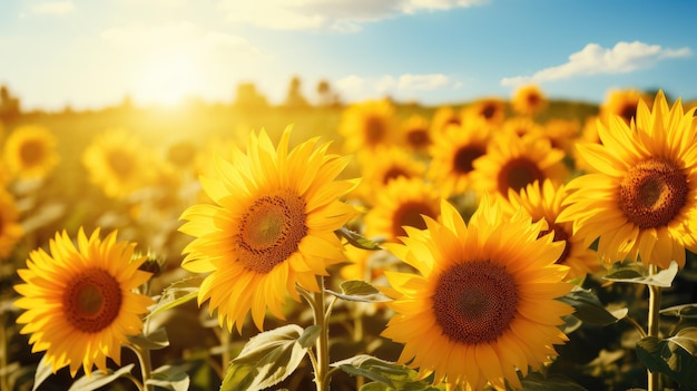 太陽に向かって明るい黄色の花びらが暖かさを表すひまわり畑