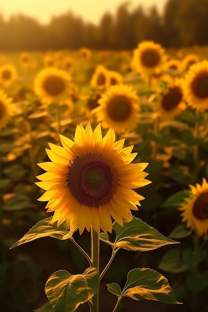 A field of sunflowers with a yellow background