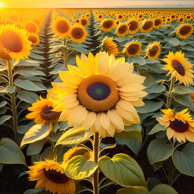 A field of sunflowers with a yellow center and a green leaf.