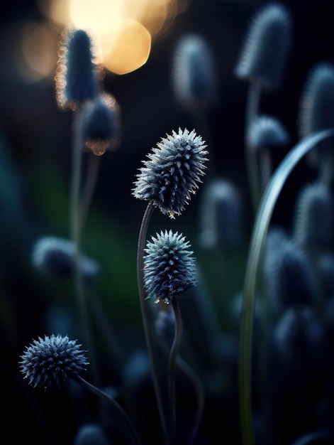 A field of thistles in the dark