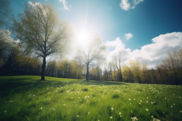 A field of trees with a blue sky and the sun shining through the trees.