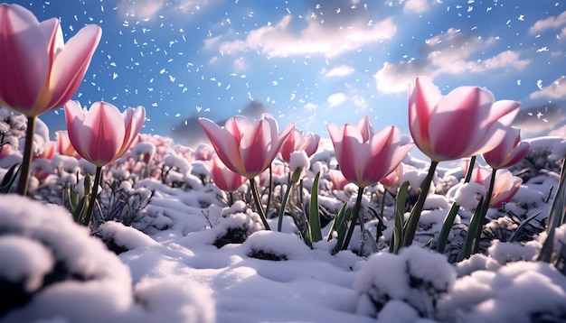 A field of tulips covered in frost with the sun setting behind it