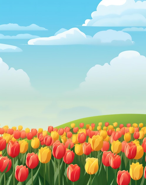 A field of tulips in a field with a blue sky and clouds.