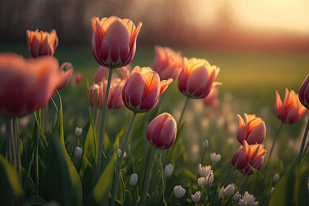 A field of tulips in the sunlight