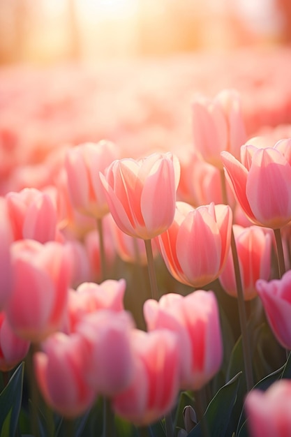 Field of tulips on sunset background