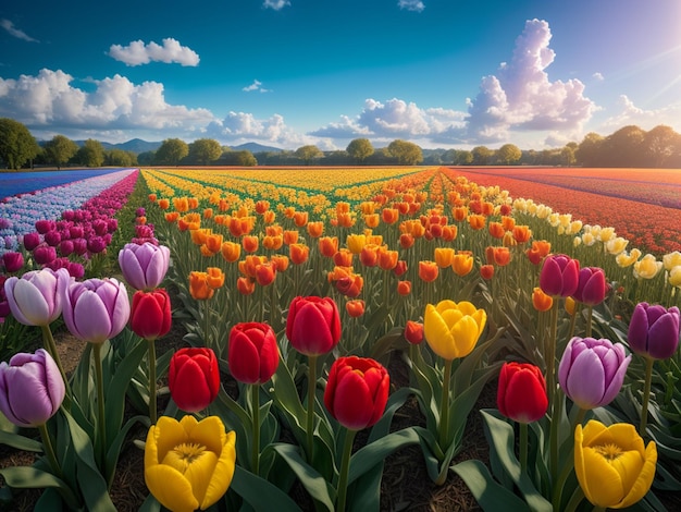 A field of tulips with a blue sky in the background