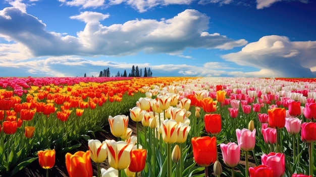 a field of tulips with a blue sky and clouds in the background