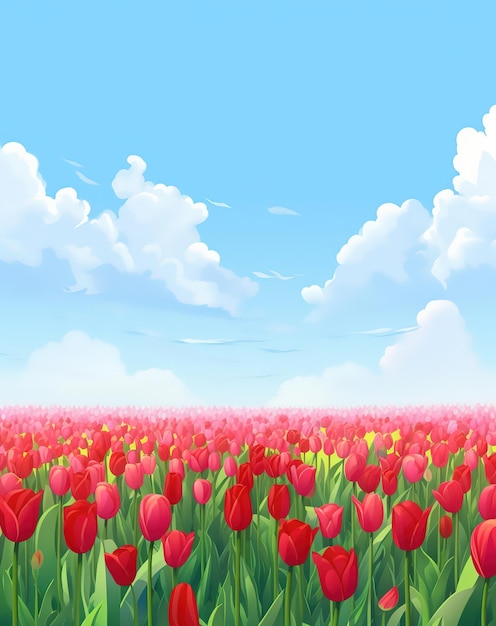 A field of tulips with a blue sky and clouds in the background.