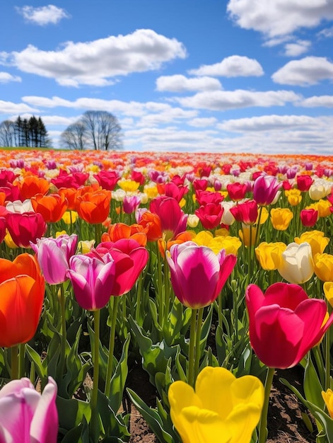 Foto un campo di tulipani con un cielo blu e nuvole sullo sfondo