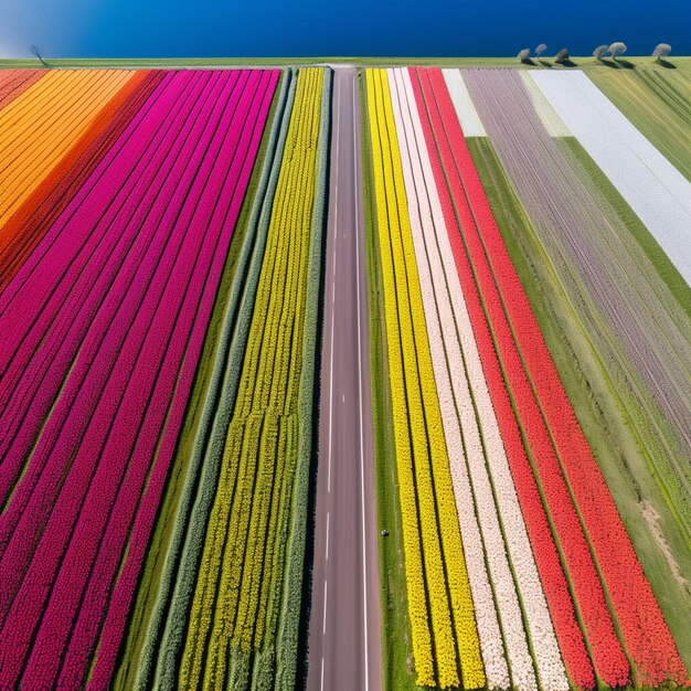 Foto un campo di tulipani con un cielo azzurro e una strada con un campo di tulipani.