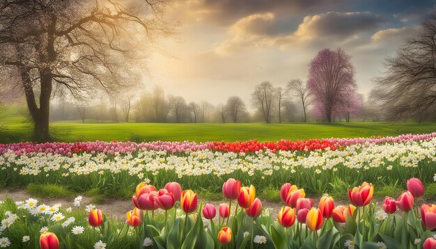 a field of tulips with a cloudy sky in the background