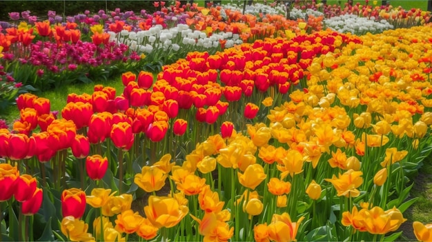 A field of tulips with a lot of flowers