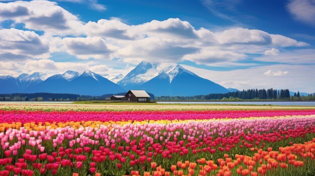 a field of tulips with mountains in the background.