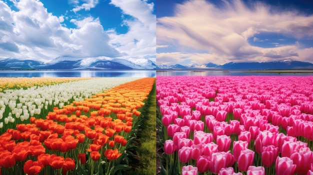 A field of tulips with mountains in the background