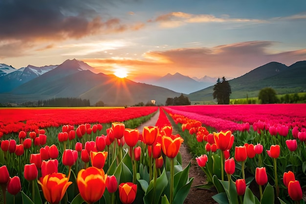 a field of tulips with mountains in the background.