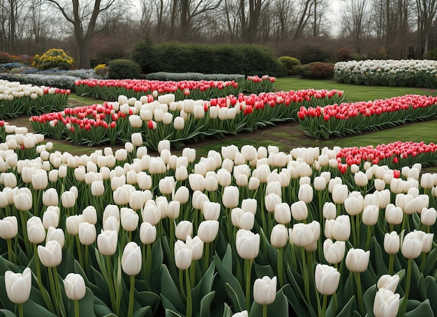 Поле тюльпанов с красными и белыми цветами на заднем плане.