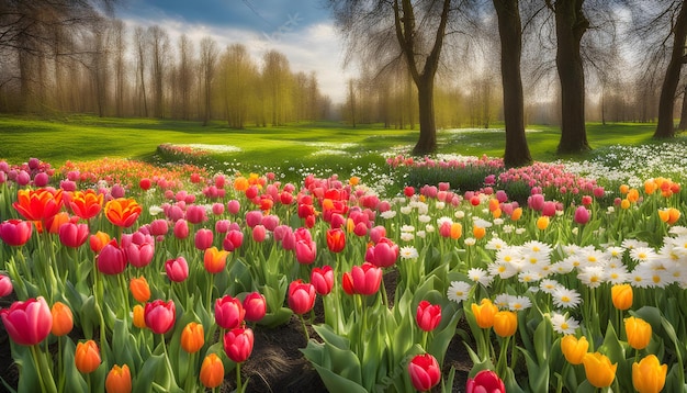 Photo a field of tulips with a sky in the background