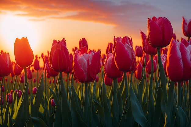 A field of tulips with the sun setting behind it