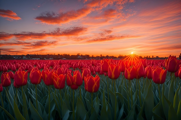 A field of tulips with the sun setting behind it