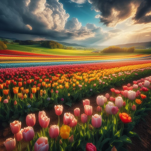 a field of tulips with the sun setting behind them