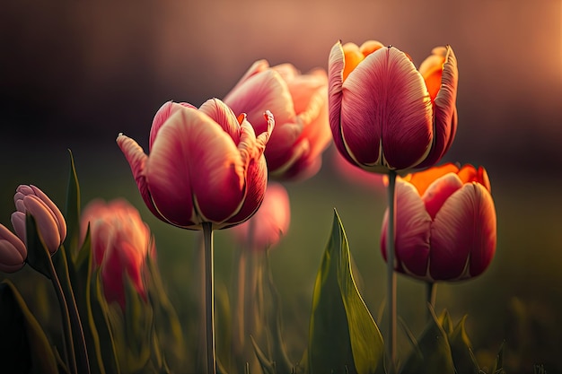 A field of tulips with the sun shining on them.