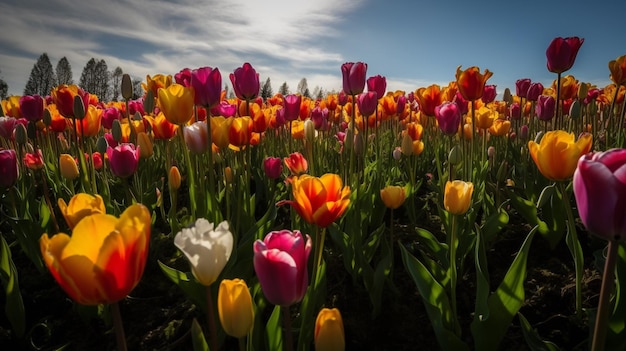 A field of tulips with the sun shining through the clouds.