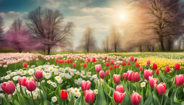 a field of tulips with the sun behind them